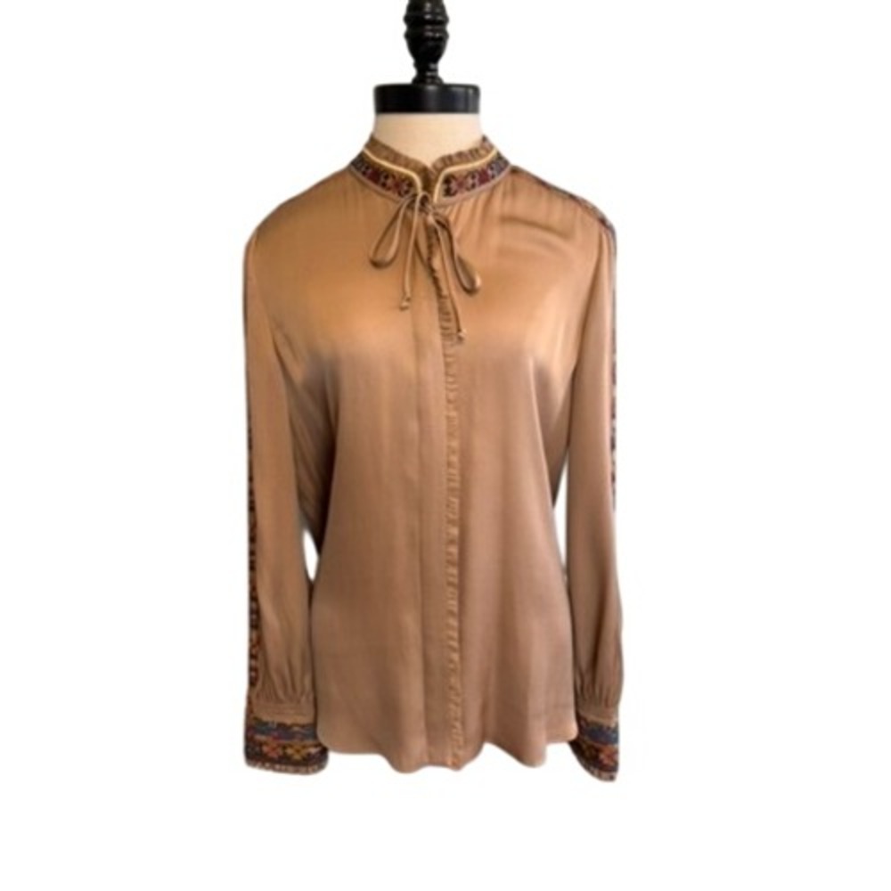 Kobi Halperin SILK Embroidered Boho Blouse Ruffle Tie Mock Neck Long Sleeve Top